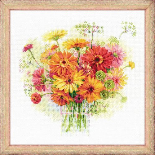 Riolis Watercolor Gerberas Counted Cross Stitch Kit #1485 11.75" x 11.75"/30 cm x 30 cm 14 Count